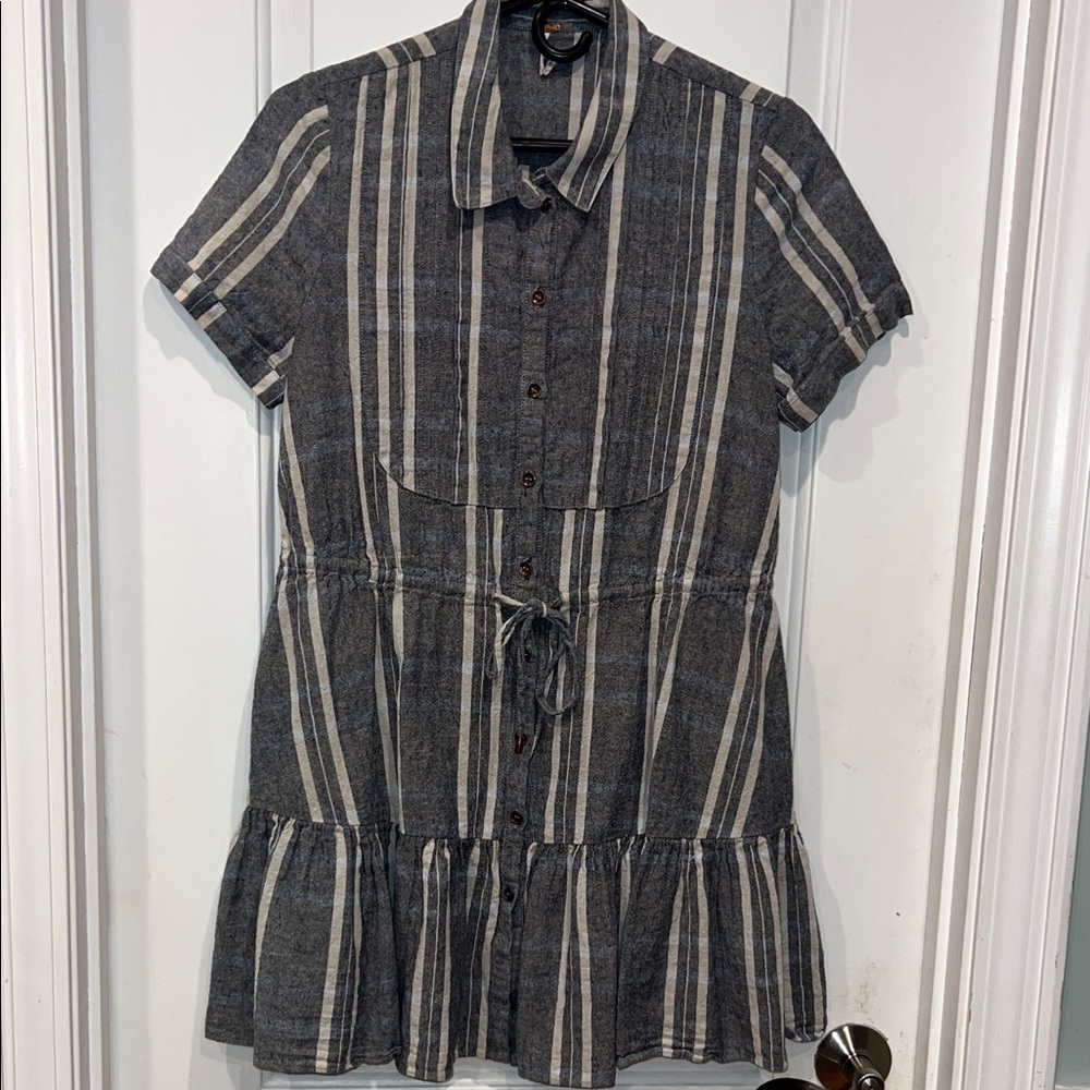 Free People Gray and Cream Striped Asymmetrical Shirt Dress